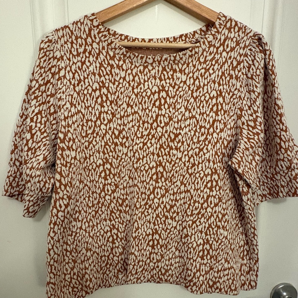 LOFT Rust and White Short-Sleeve Printed Blouse